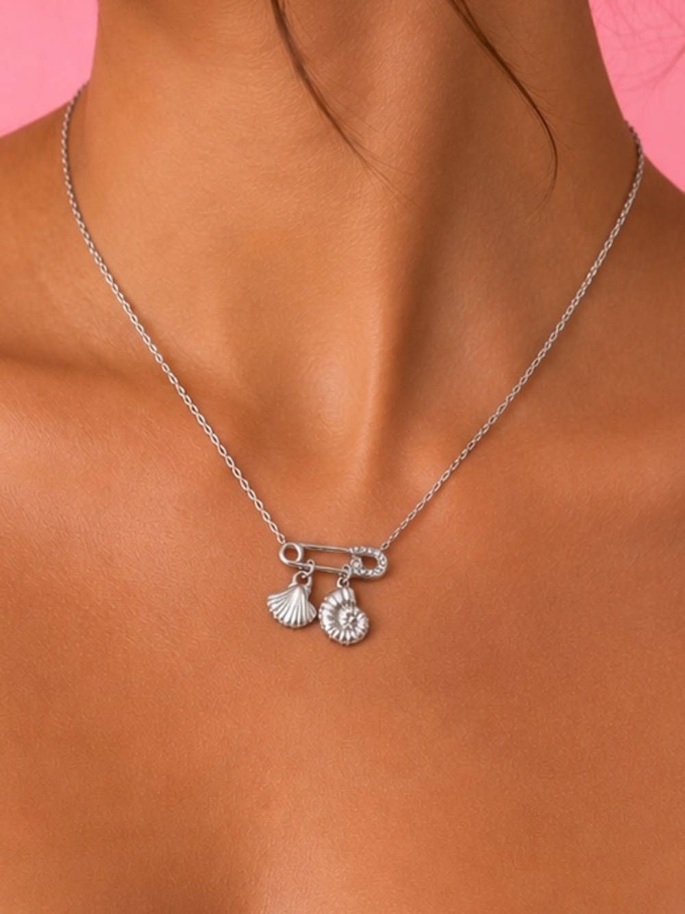 Silver Safety Pin Crystal Necklace